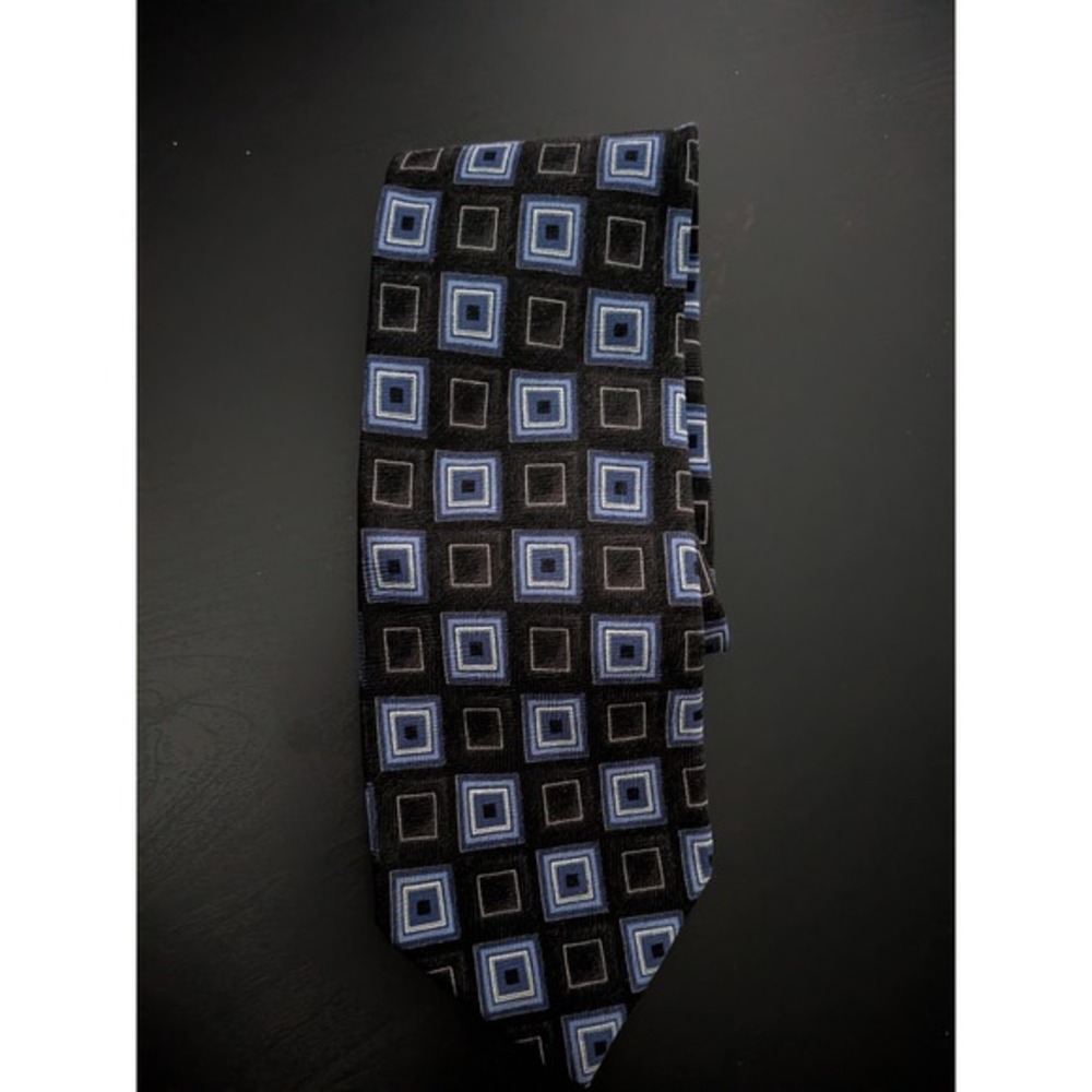 JZ Richards Men's Tie Silk Hand Made in USA Black Blue Squares‎ Geometric 60"